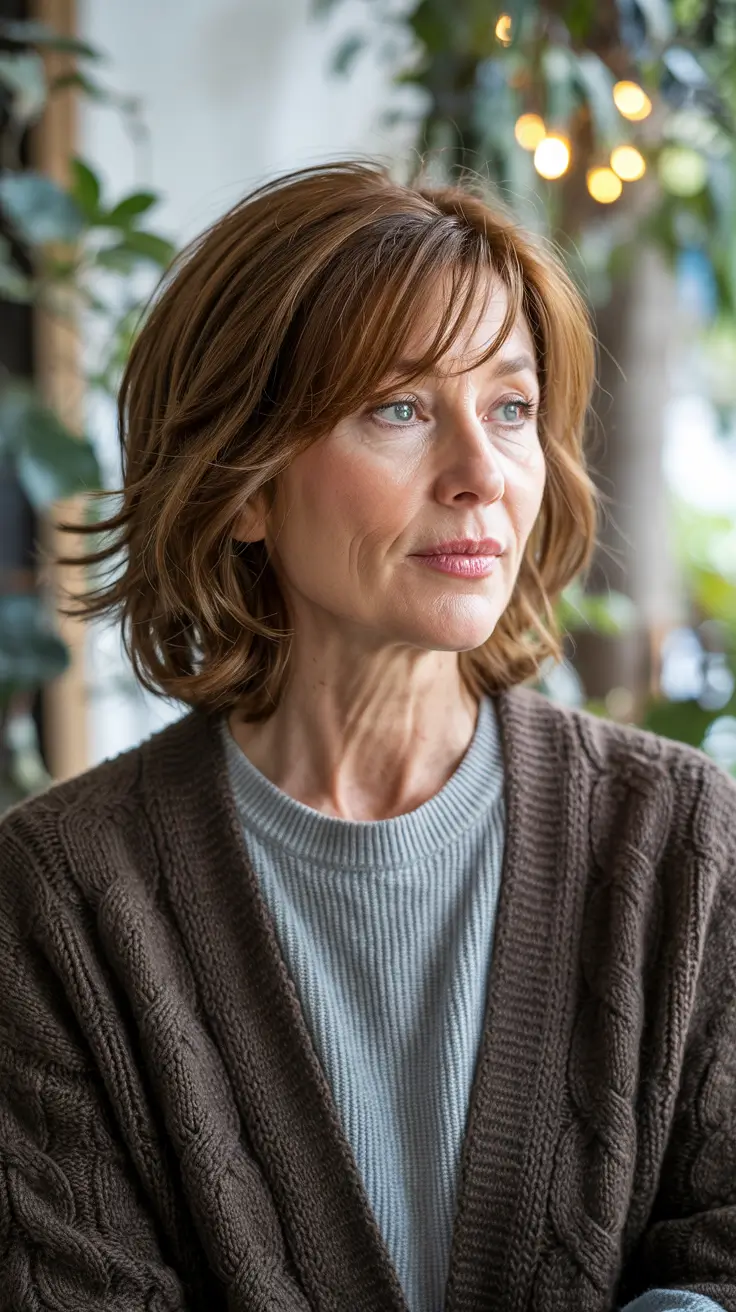 haircuts for women over 40 brunette Layered Bob with Warm Caramel Tones