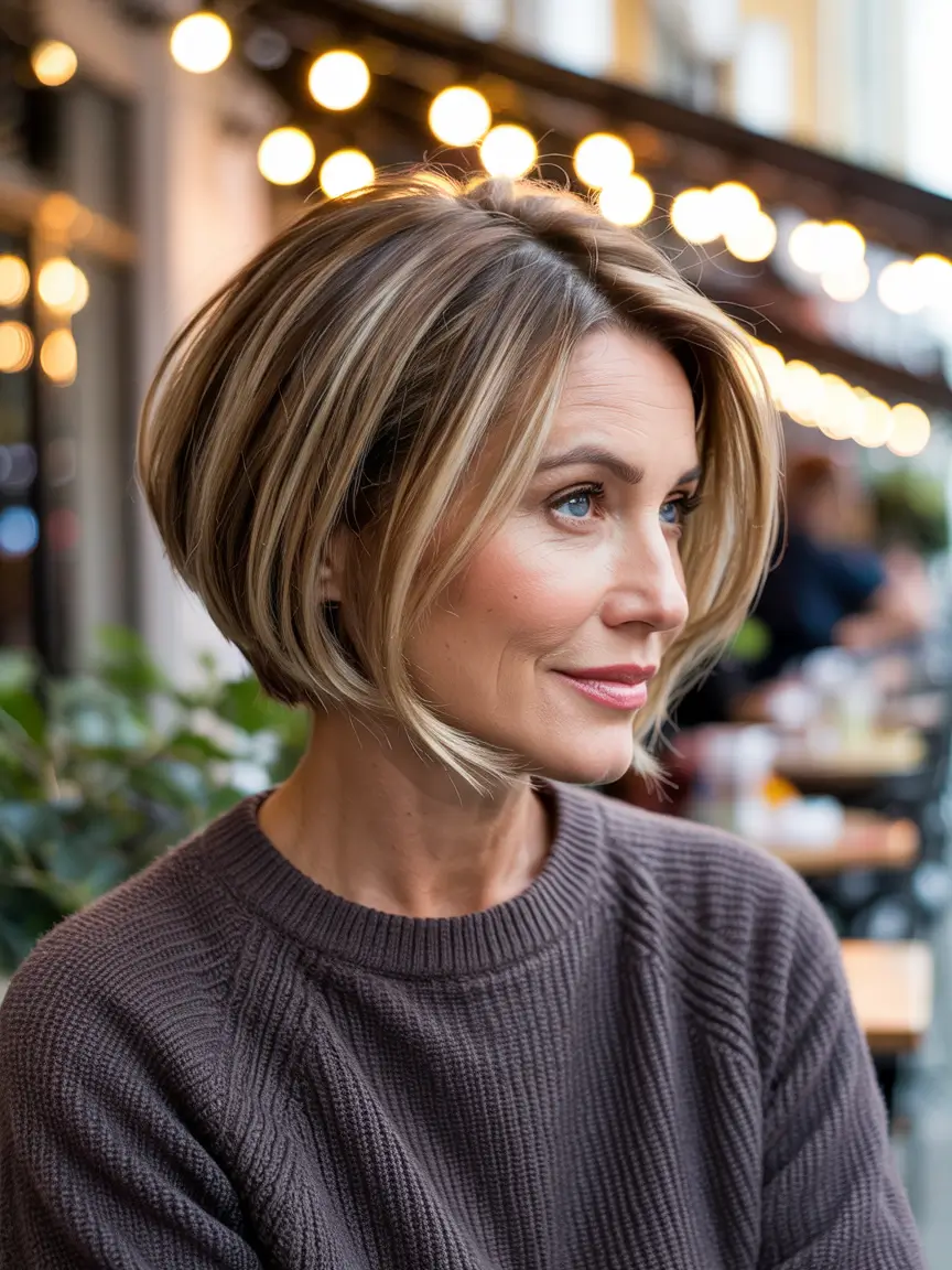 haircuts for women over 40 straight hair Polished Short Bob with Blonde Dimension