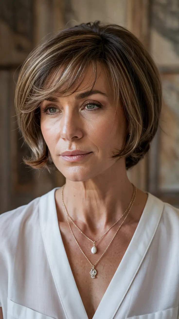 haircuts for women over 40 with bangs Short Rounded Bob with Soft Fringe