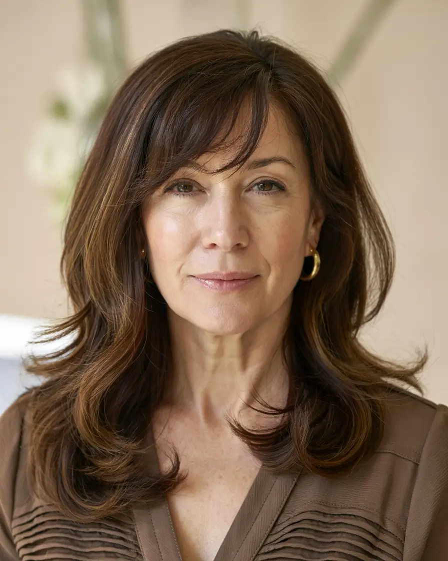 haircuts for women over 40 with bangs Soft Layers with Curtain Bangs