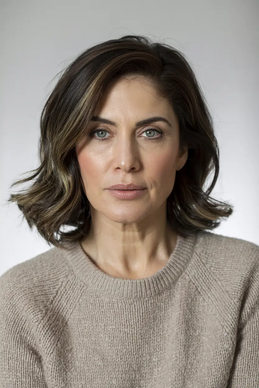 haircuts for women over 40 brunette Textured Brunette Lob with Subtle Highlights