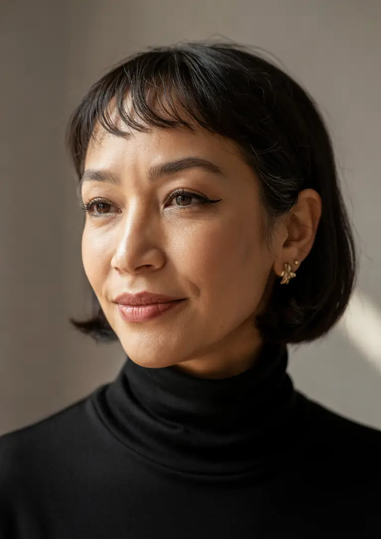 haircuts for women over 40 with bangs Chin-Length Bob with Micro Bangs