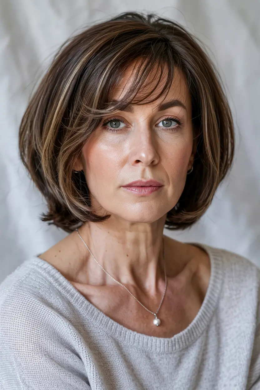 haircuts for women over 40 fine hair Layered Bob with Side Bangs
