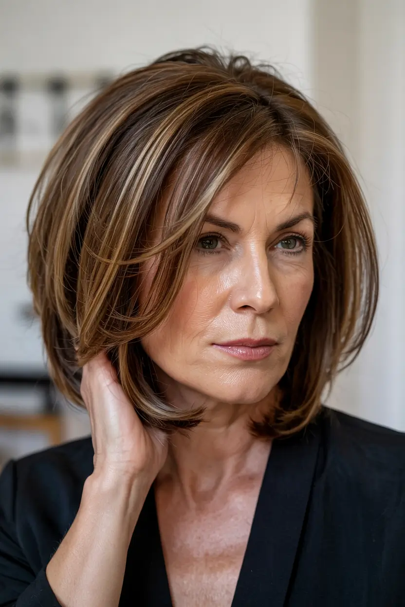 haircuts for women over 50 fine hair Layered Brunette Volume