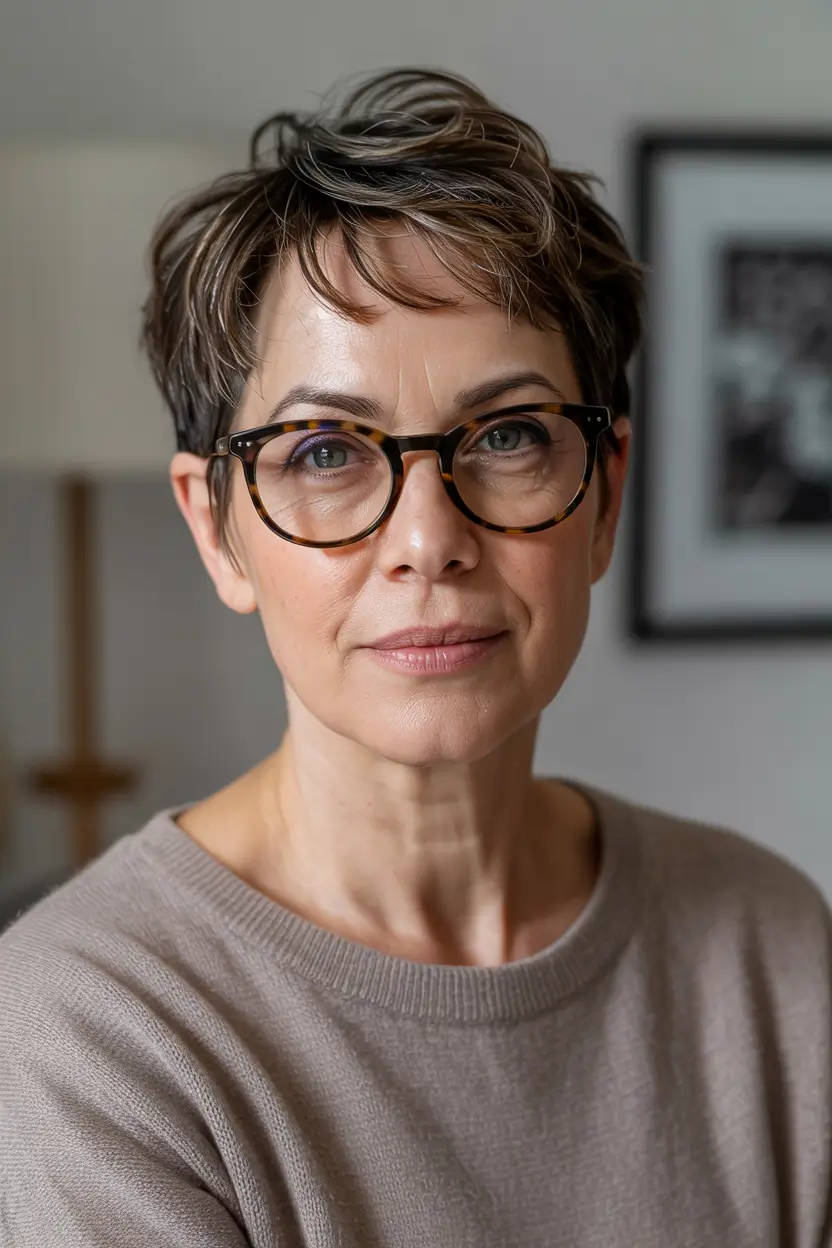 haircuts for women over 50 with glasses Short Textured Pixie with Glasses