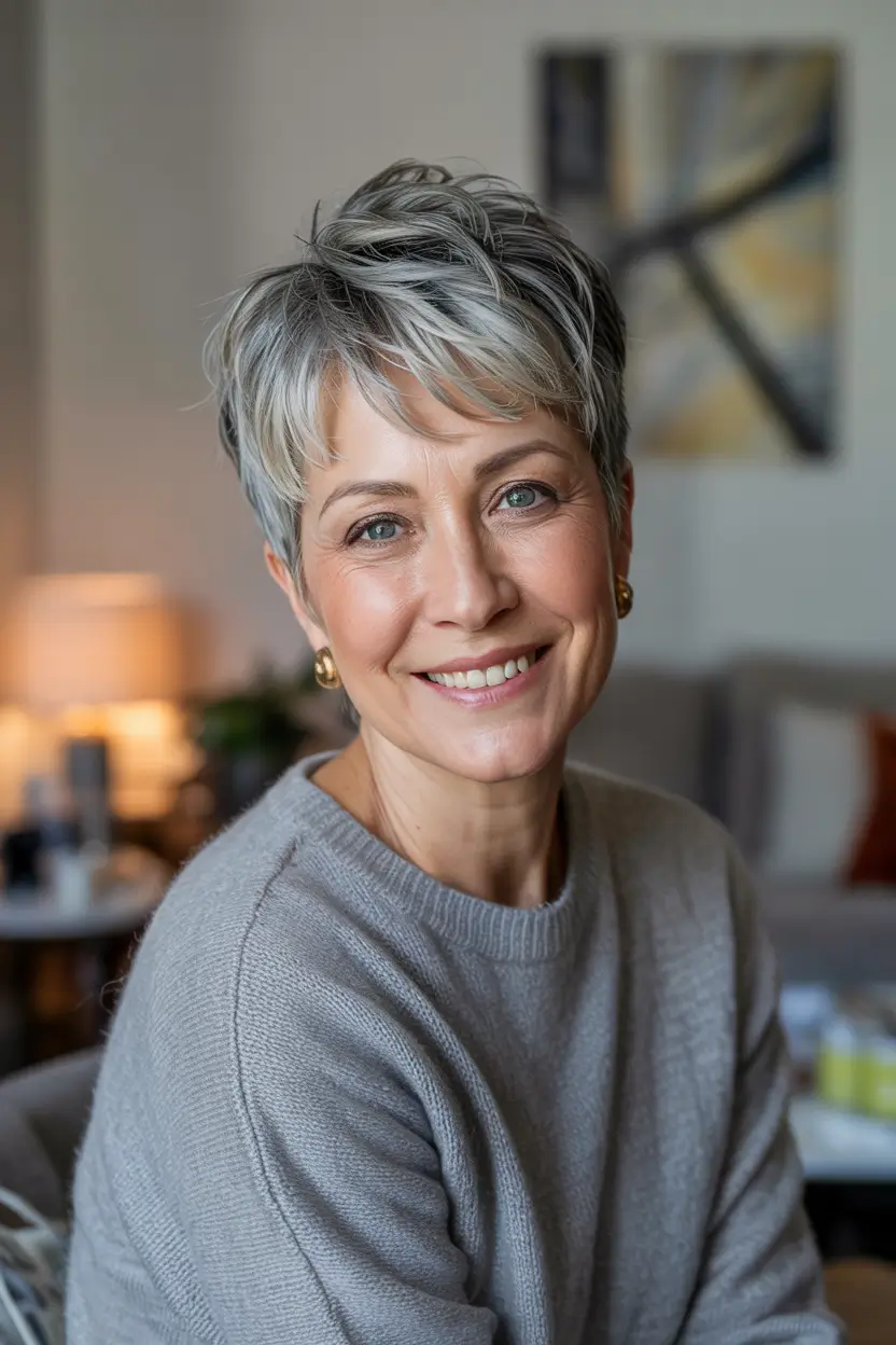 haircuts for women over 50 short pixie Silver Textured Pixie