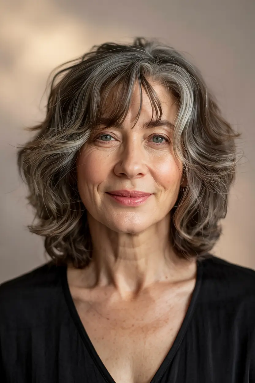 haircuts for women over 50 medium length Feathered Layers with Fringe