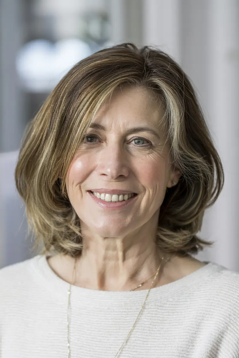 haircuts for women over 60 fine hair Soft Layered Bob With Warm Highlights