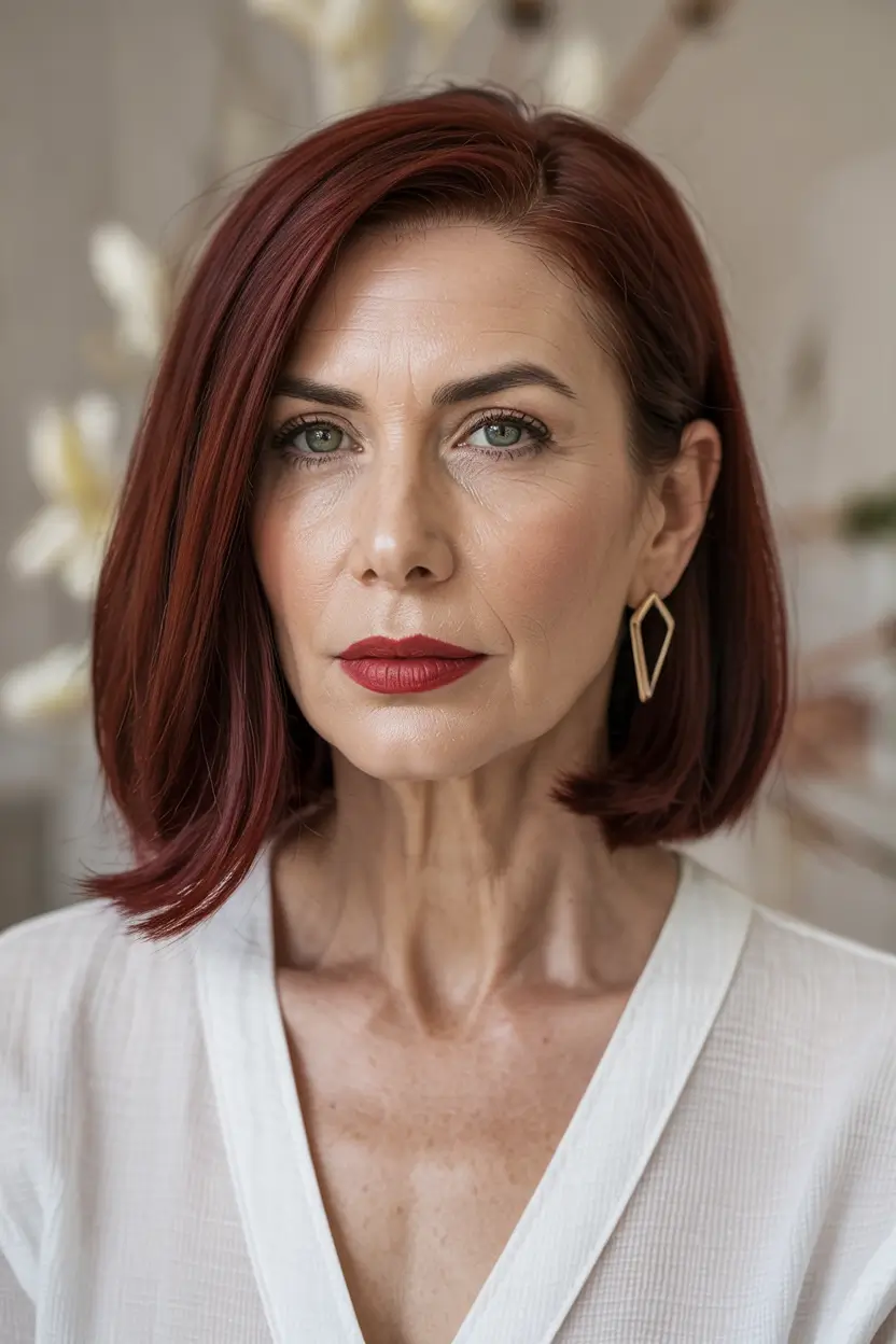 haircuts for women over 60 long length Deep Red Sleek Lob