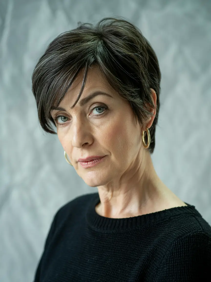 haircuts for women over 60 short length Chic Dark Pixie With Side Bangs