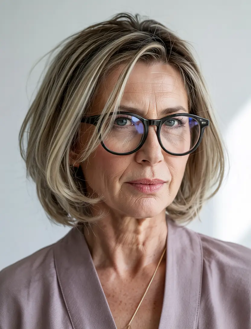 haircuts for women over 60 with glasses Layered Short Bob With Glasses