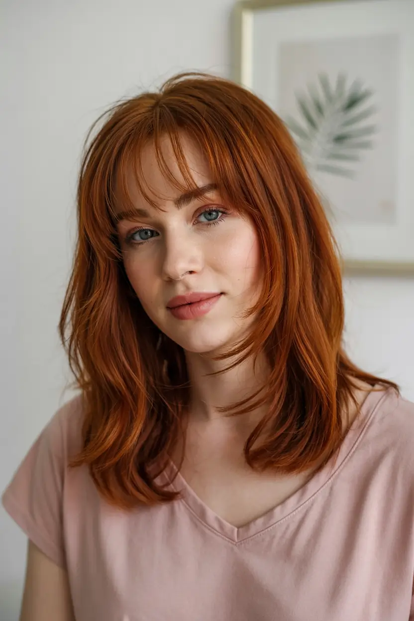 haircuts inspo 2026 Soft Copper Layers with Bangs