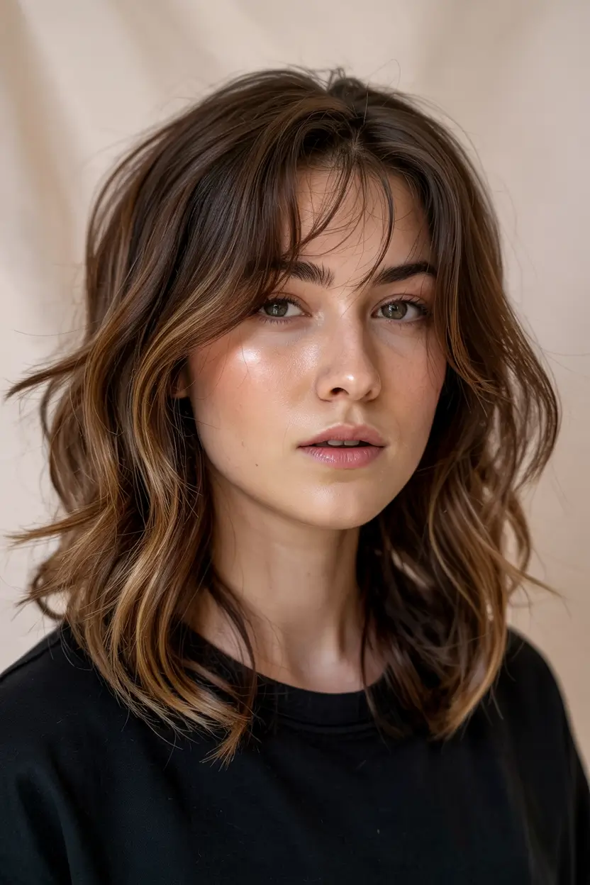 haircuts inspo 2026 Warm Brunette Mid-Length with Curtain Bangs