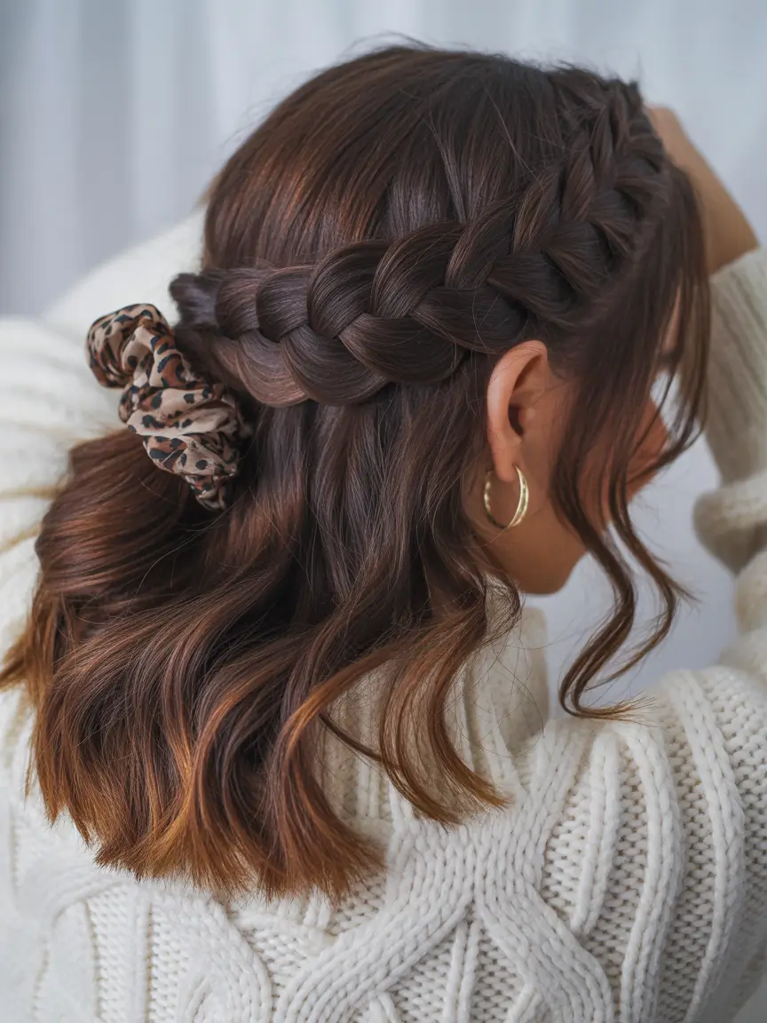 hairstyle for medium length hair 2026 Braided Crown With Warm Caramel Waves