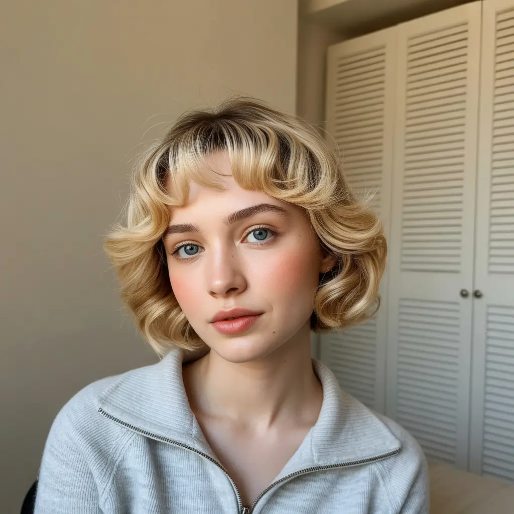 hairstyle for medium length hair 2026 Golden Curled Bob With Baby Bangs