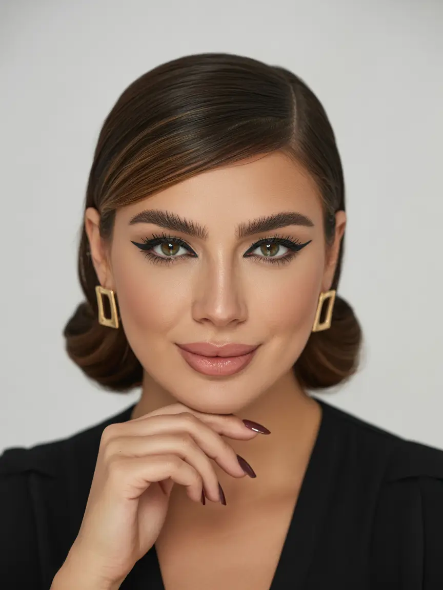 hairstyle for medium length hair 2026 Sleek Retro Side Part With Low Rolled Buns