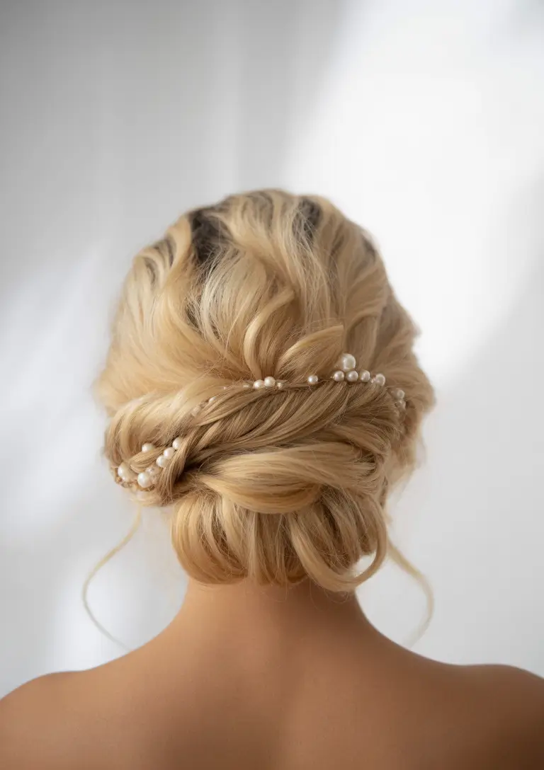 hairstyle for medium length hair 2026 Romantic Pearl Wrapped Low Bun
