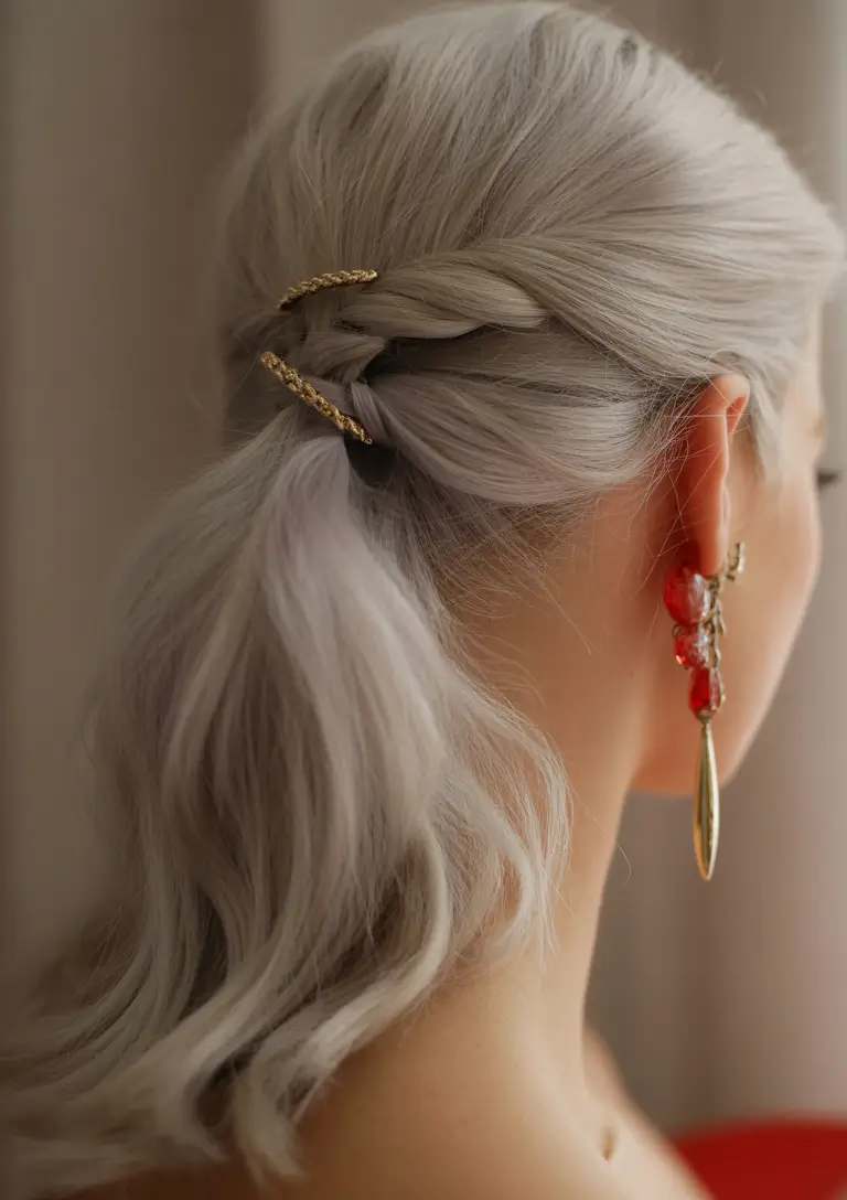 hairstyle for medium length hair 2026 Silver Twist Low Pony With Golden Accents