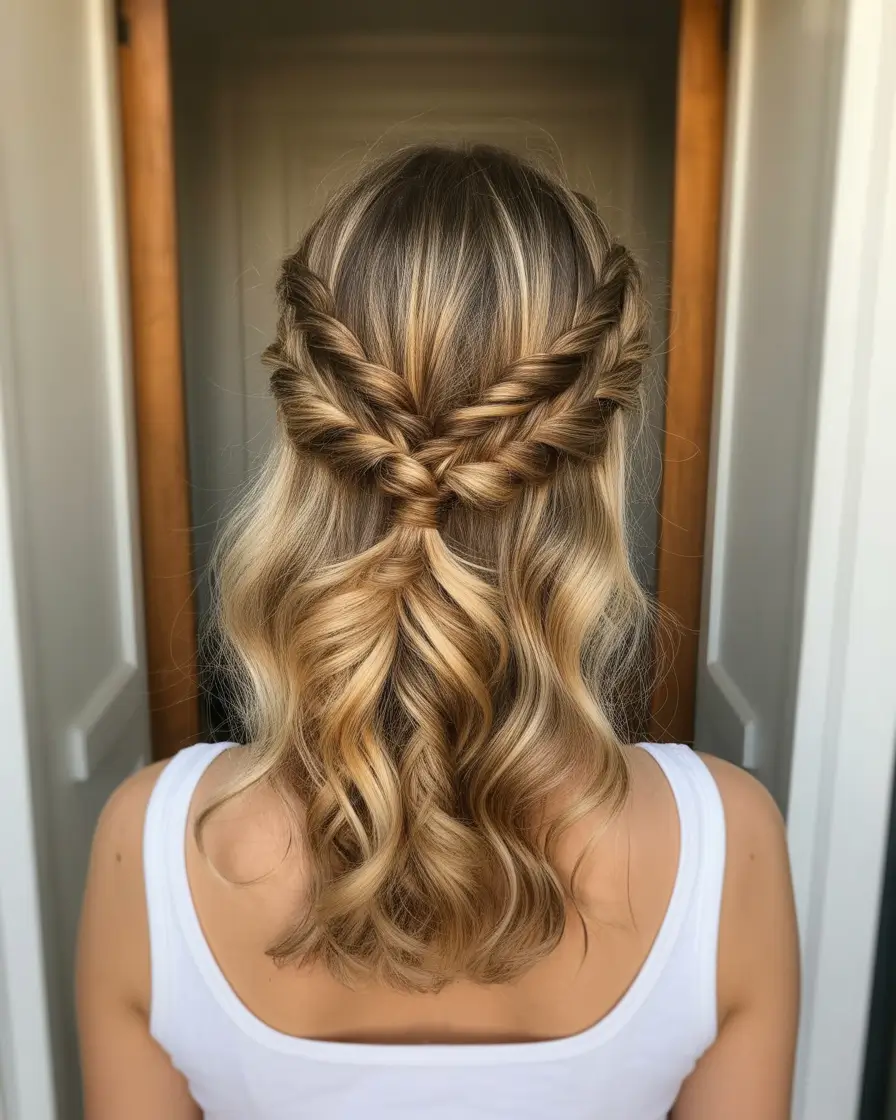 hairstyle for medium length hair 2026 Double Braided Half Up Glow Waves