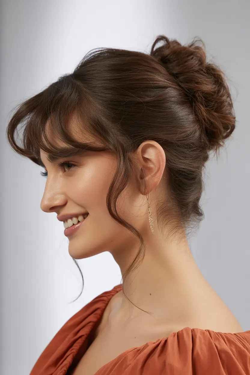 hairstyles ideas 2026 textured bun with soft bangs
