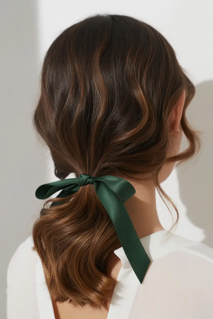 hairstyles ideas 2026 soft waves with emerald ribbon