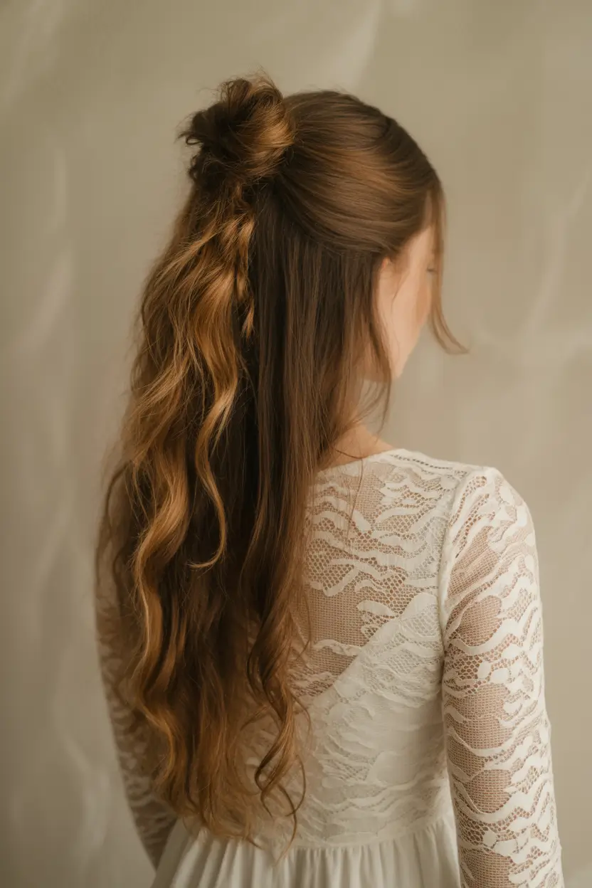 half up half down hairstyles Soft Romantic Bun with Loose Waves