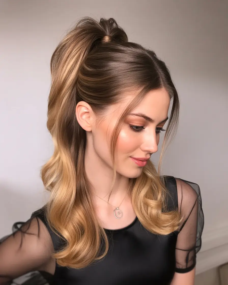 half up half down hairstyles Polished Blonde Pony Elegance