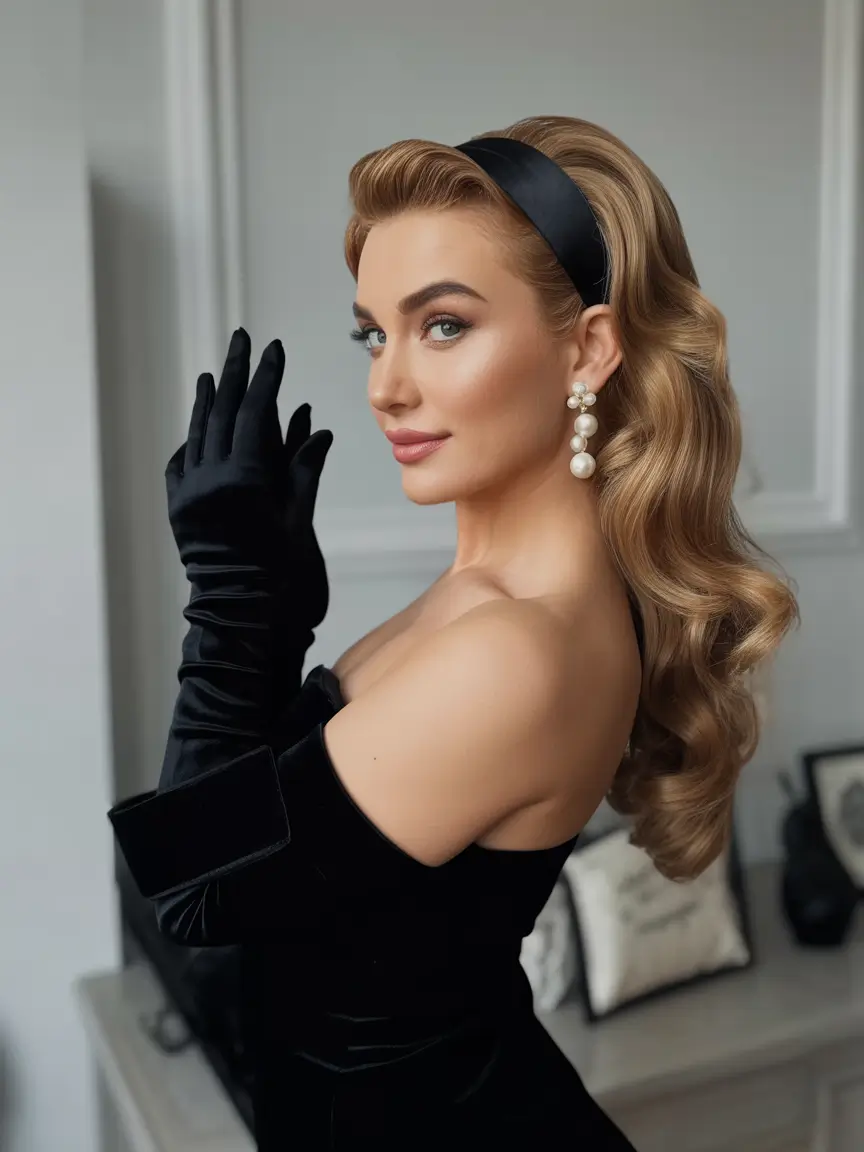 half up half down hairstyles Classic Glam Waves With a Satin Headband