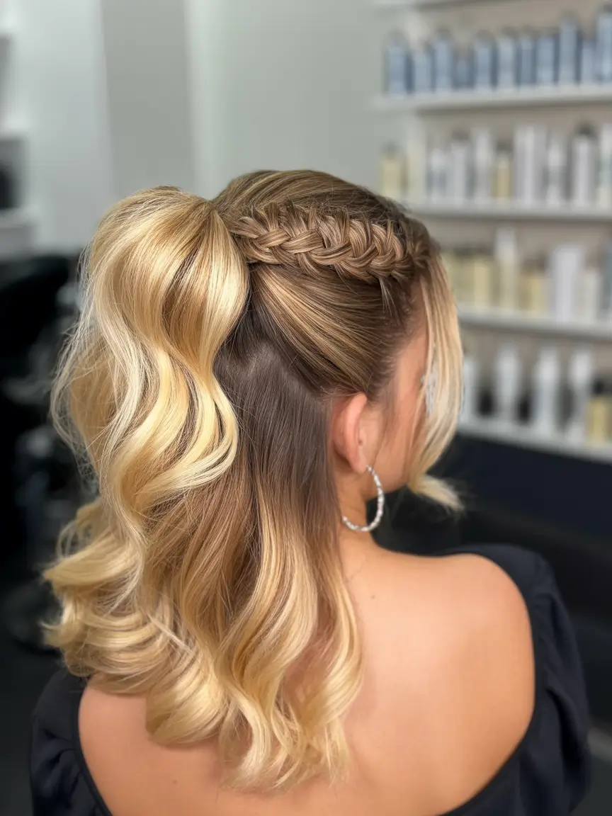 half up half down hairstyles Golden Braided Pony Lift