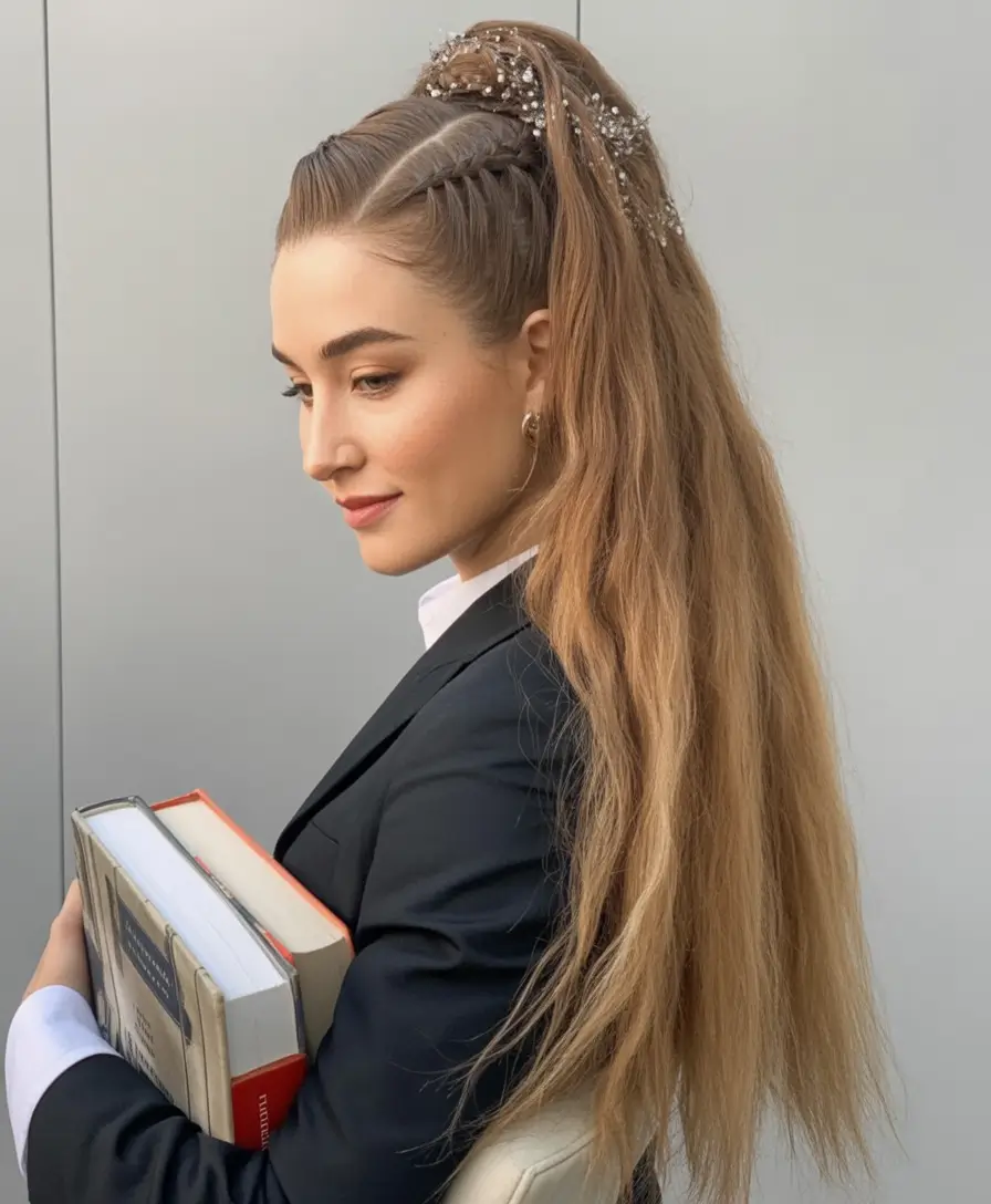 half up half down hairstyles Polished High Pony With Braided Detail