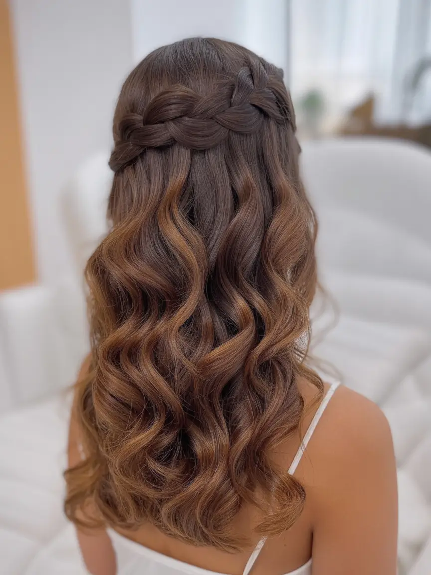 half up half down hairstyles Soft Waves With Braided Crown