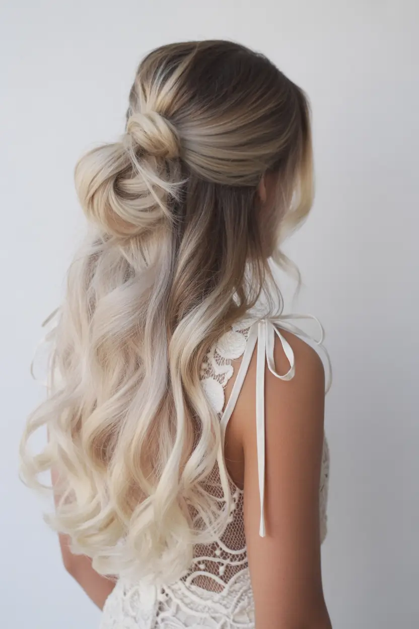 half up half down hairstyles Soft Blonde Bun Accent
