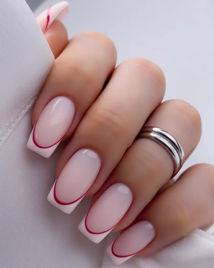 light pink nails 2026 Square Pink French With a Bold Red Accent Line
