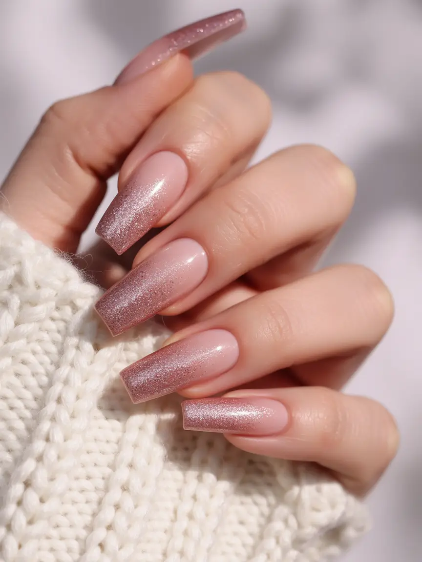 light pink nails 2026 Rose Gold Sparkle Ombre With a Wintery Softness