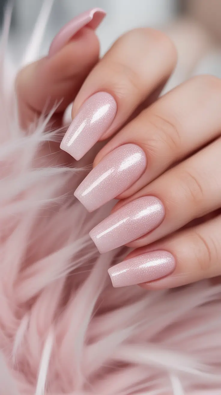 light pink nails 2026 Iridescent Pink Sparkle For A Soft Glam Finish