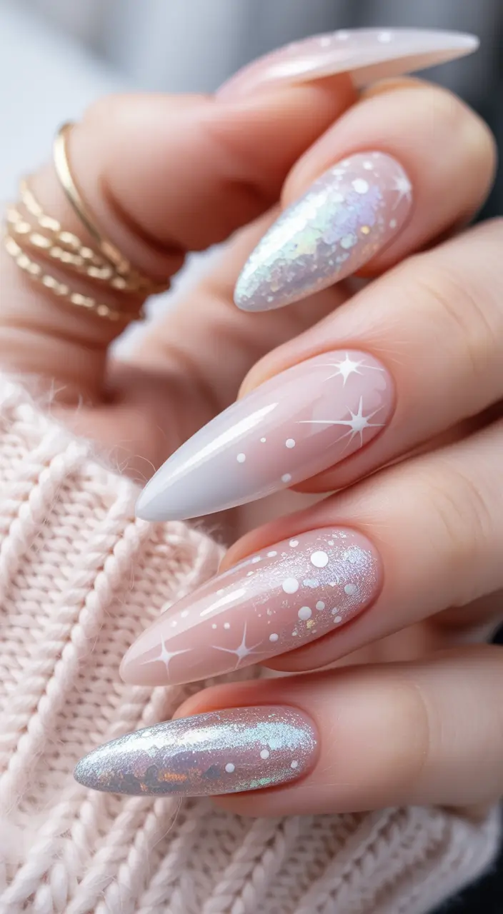 light pink nails 2026 Frosted Starlight Pink With Iridescent Winter Sparkle