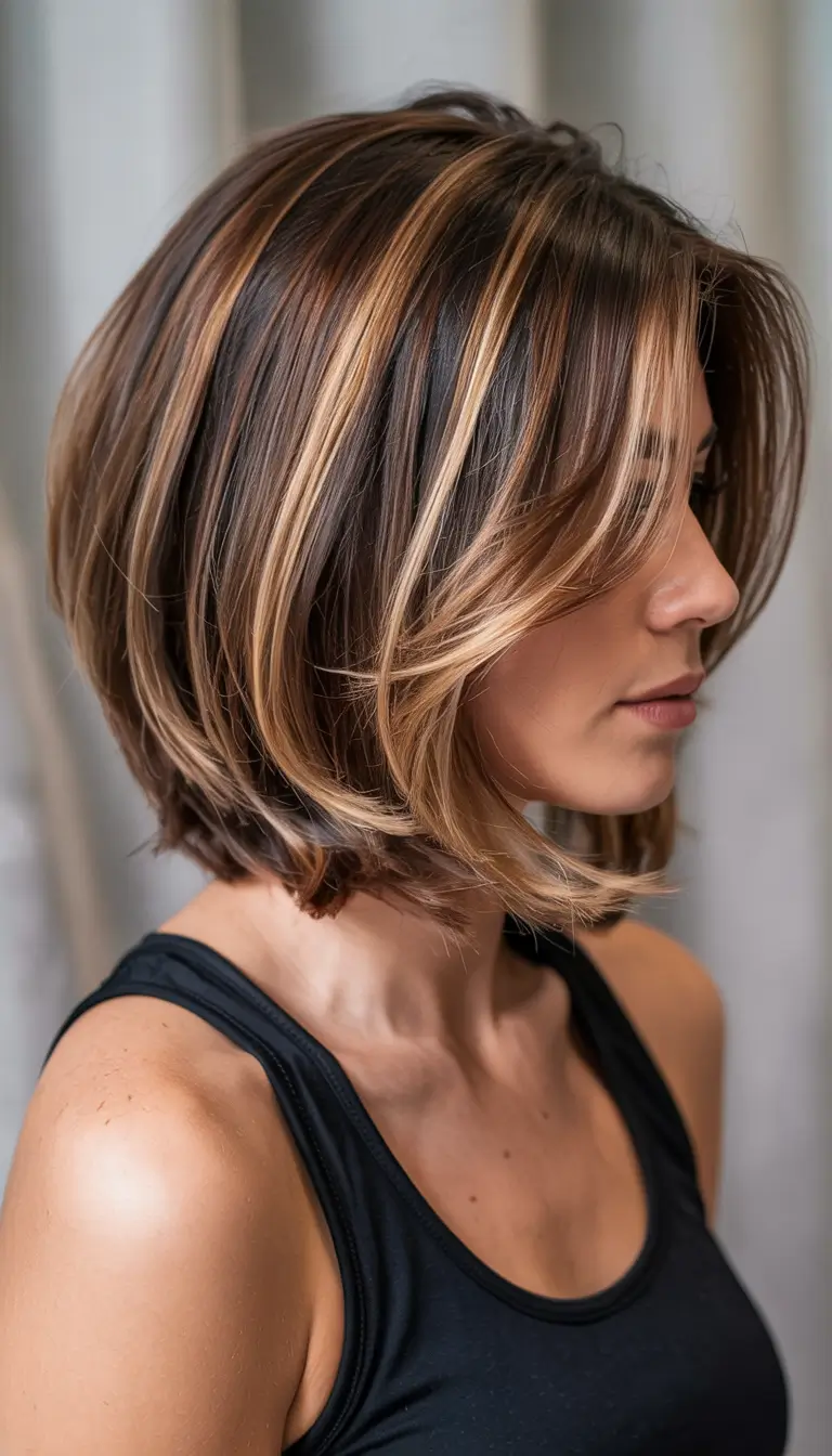 lob haircut 2026 Warm Brunette Layers with Honey Highlights