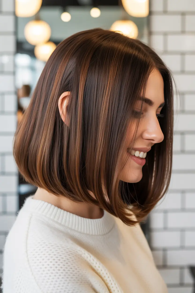 mid length haircut 2026 Glossy Brunette Shine