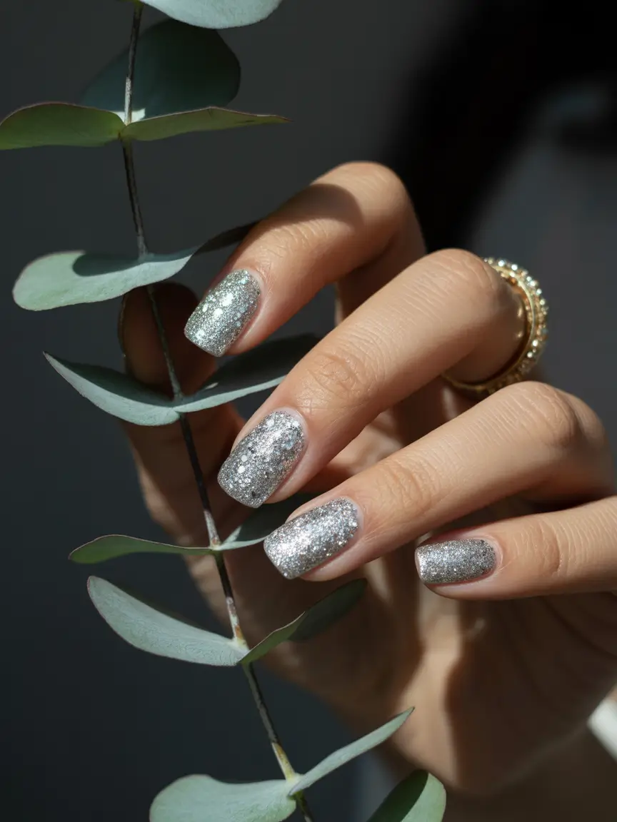 natural nails 2026 Silver Glitter Squares