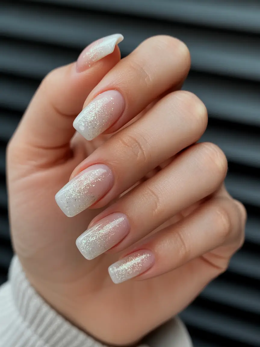 natural nails 2026 White Shimmer Gradient Squares