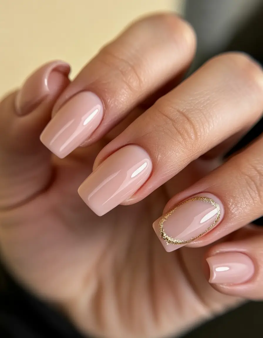 natural nails 2026 Soft Nude Squares With Gold Frame