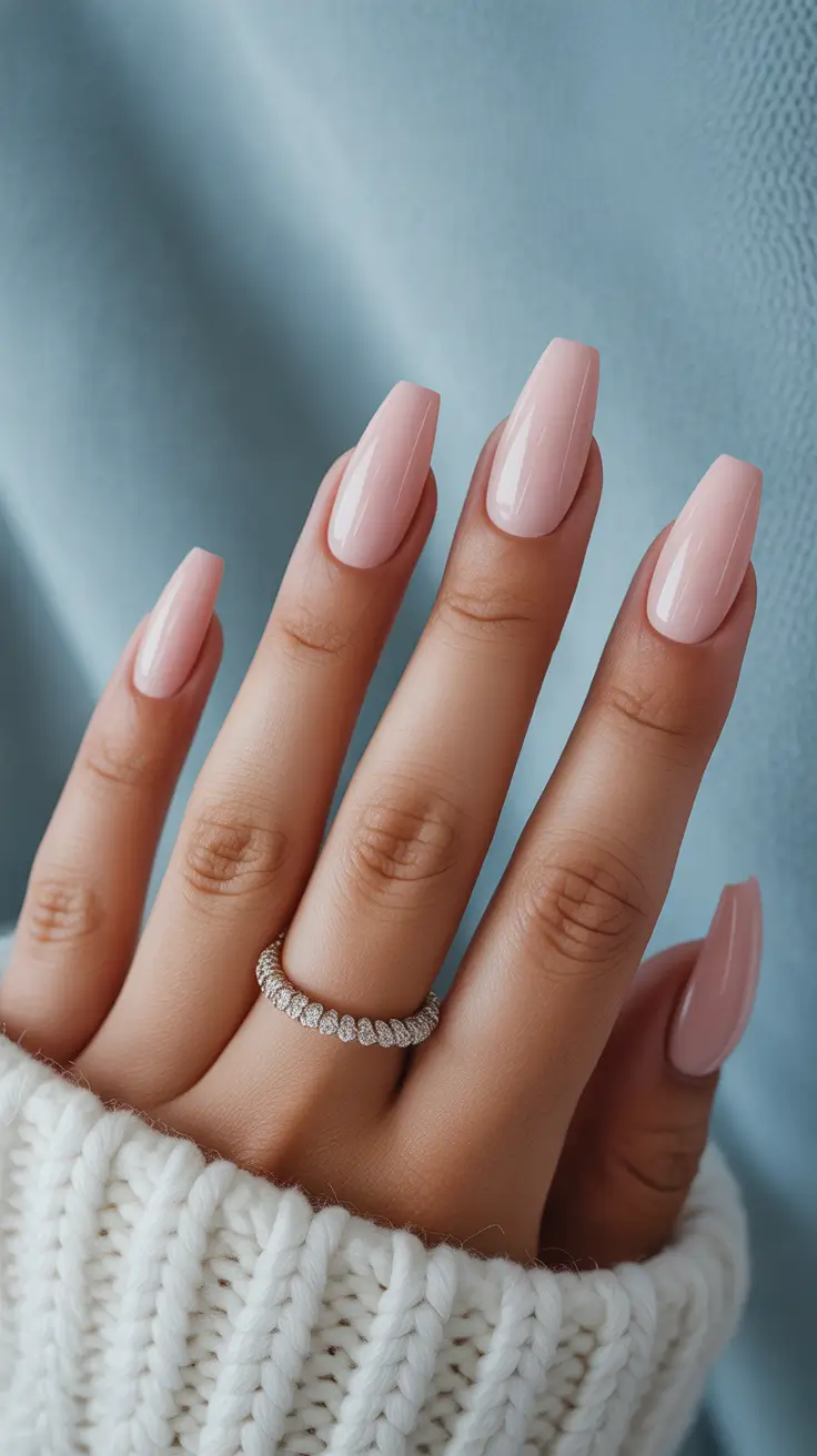 natural nails 2026 Soft Pink Coffin Nails for a Cozy Winter Glow