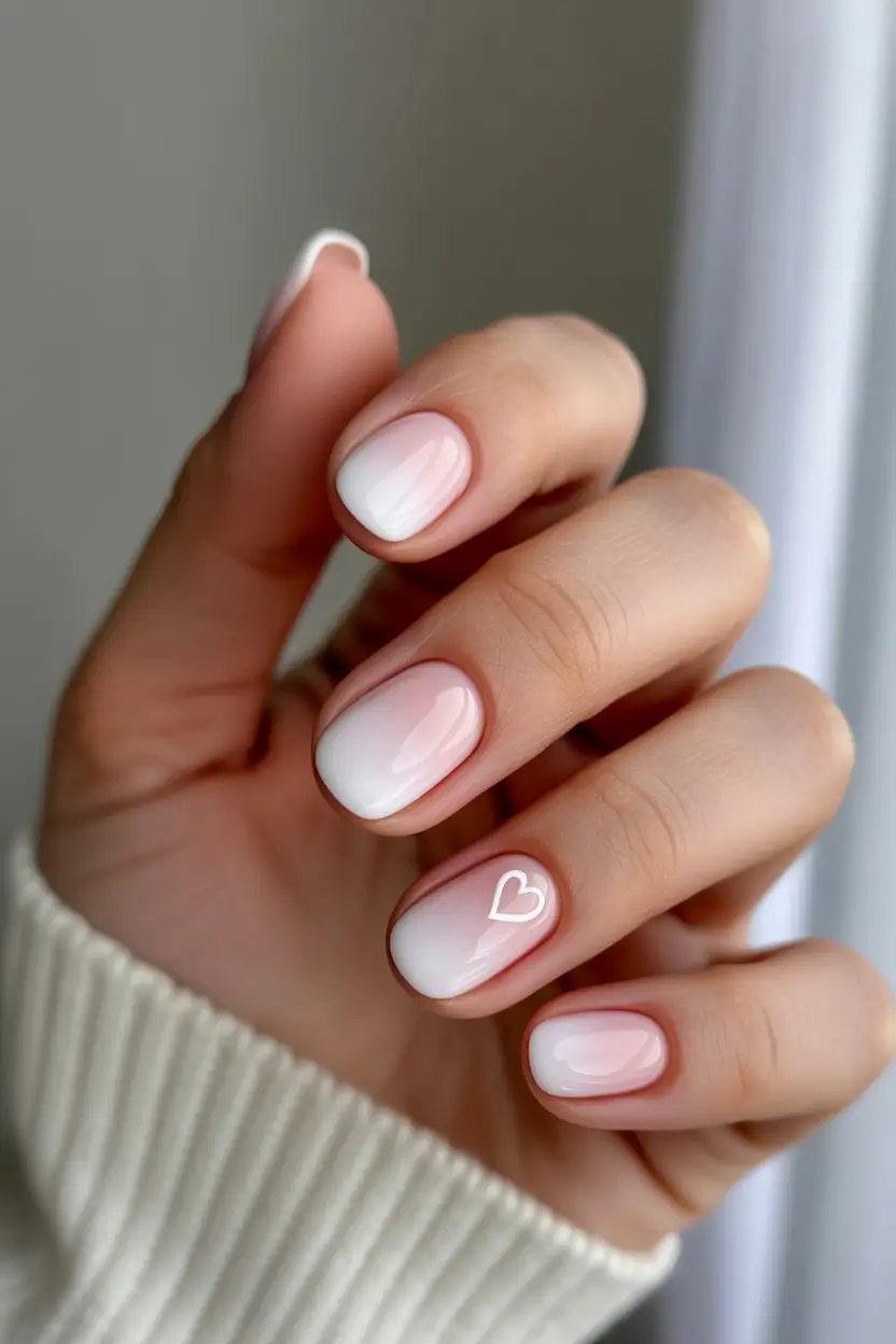 natural nails 2026 White Blush Gradient With Tiny Heart Accent