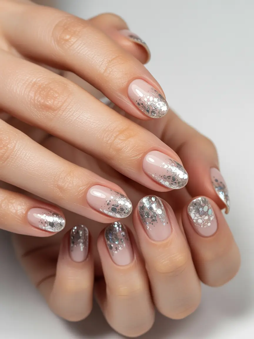 neutral nails 2026 Silver Glitter Fade Neutrals for a Festive Edge