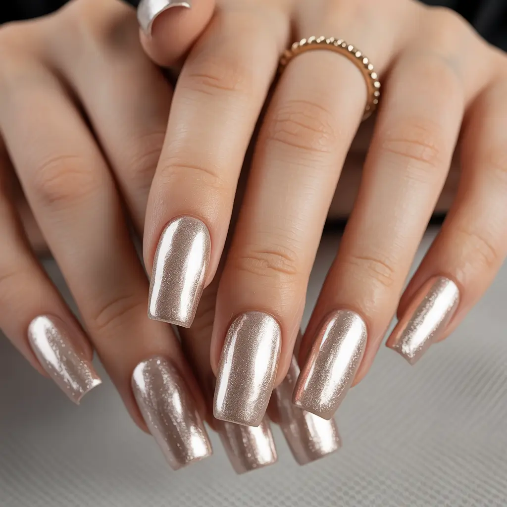 neutral nails 2026 Chrome Champagne Neutrals for a Sleek Elongated Look