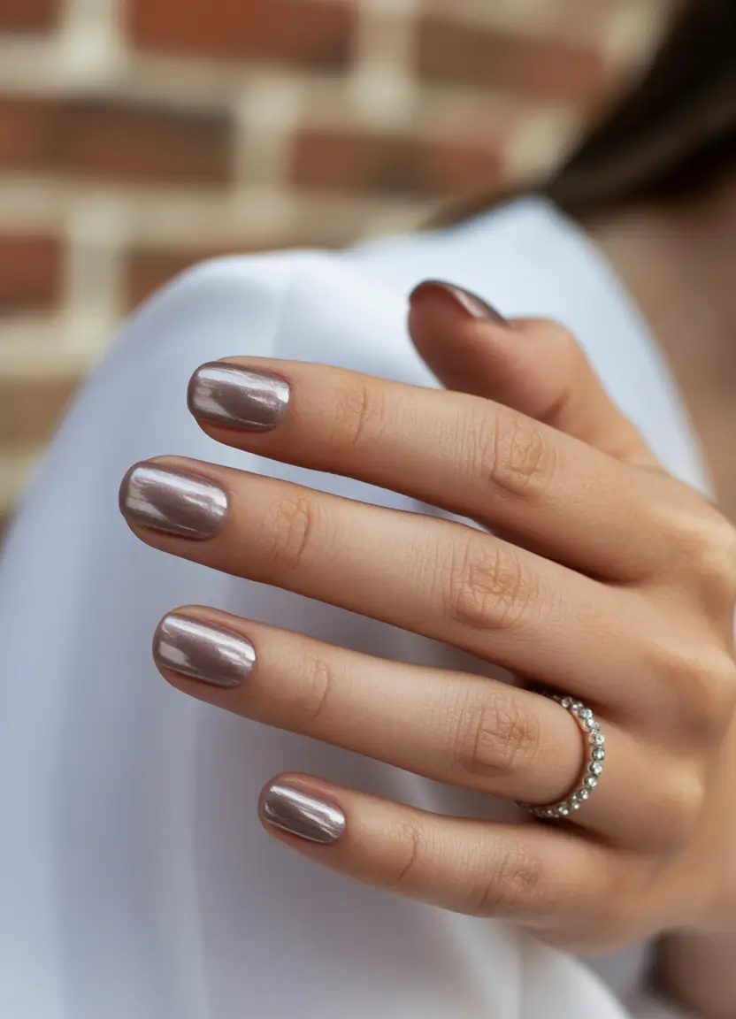 nude nails 2026 Molten Pearl Nude With a Chic Metallic Sheen
