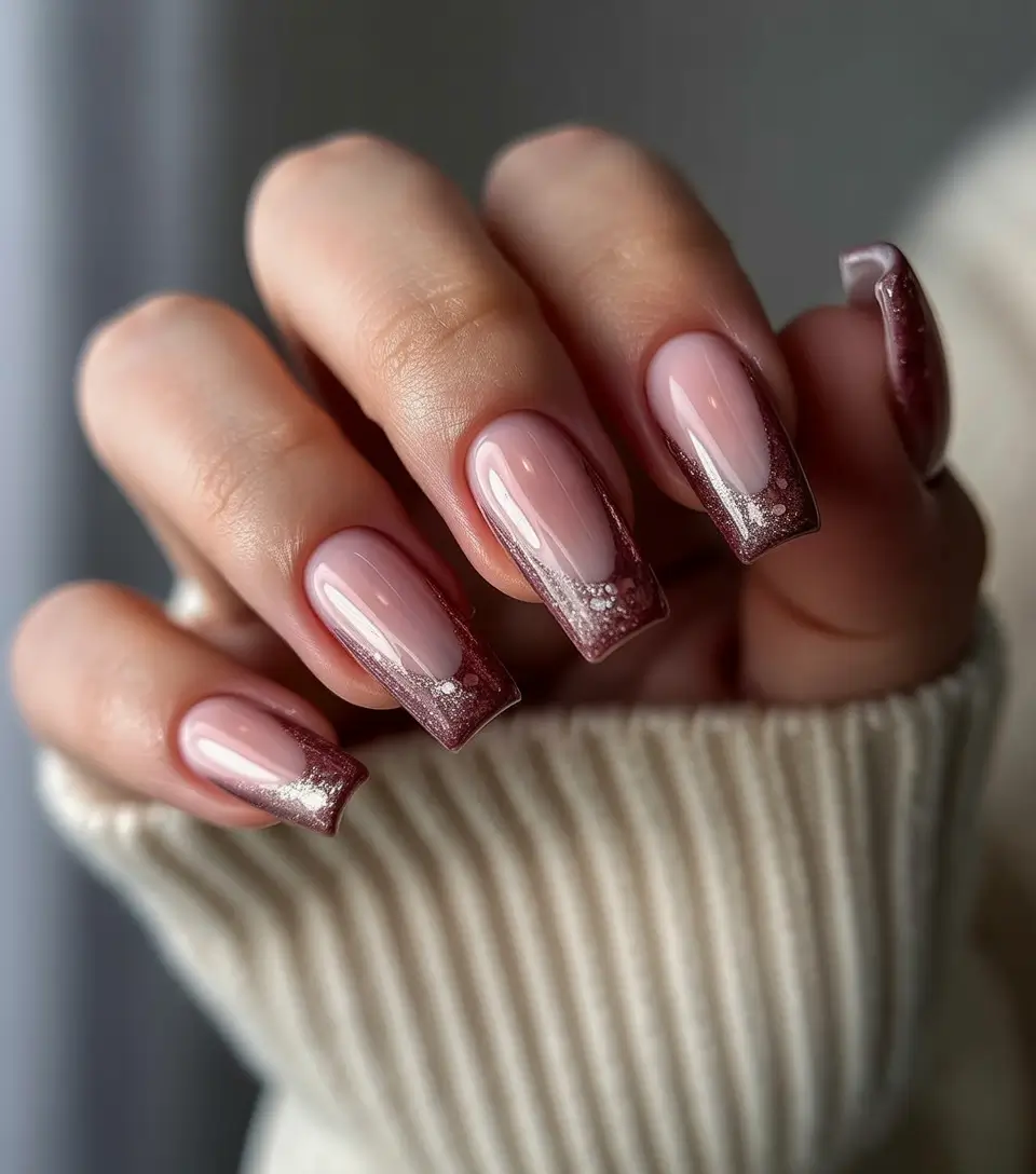 nude nails 2026 Deep Rose Ombre With Glitter Kissed Tips