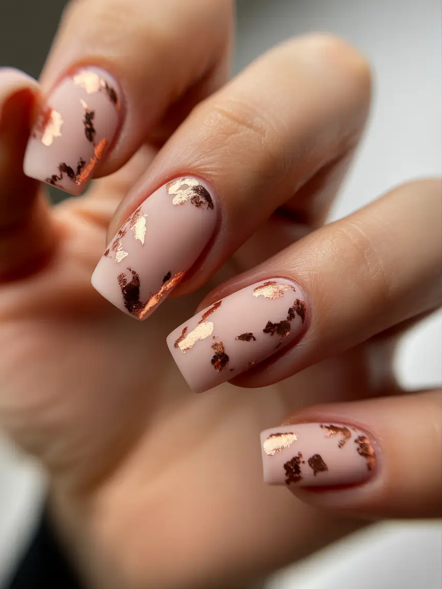 nude nails 2026 Matte Nude With Warm Metallic Foil Accents