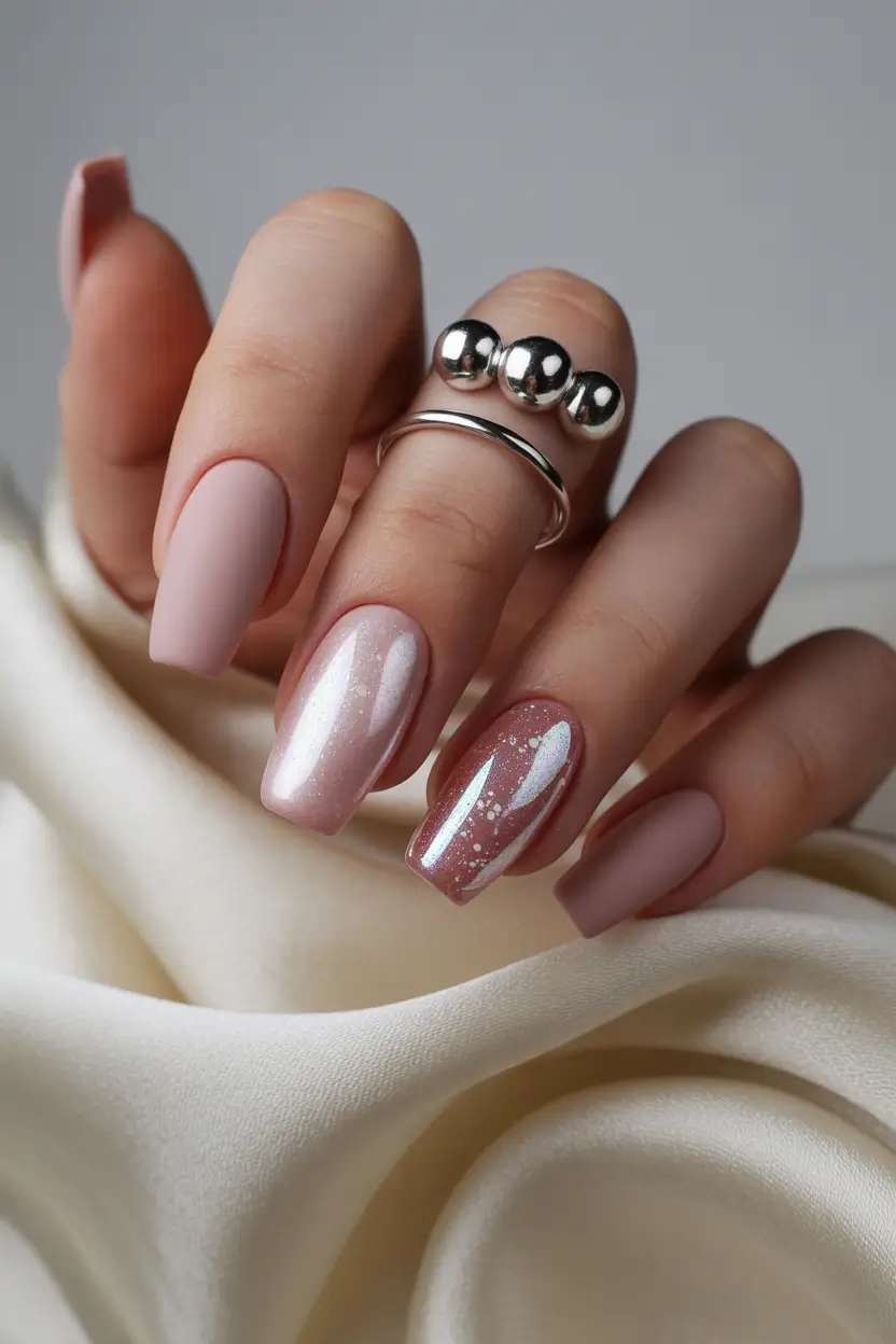 nude nails 2026 Soft Matte And Glossy Nude With Airy Winter Accents