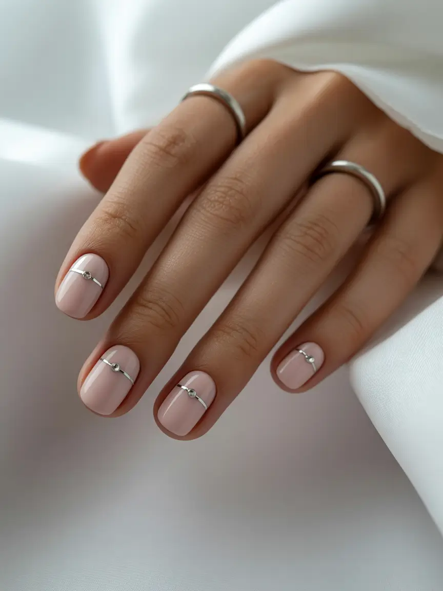 nude nails 2026 Minimal Nude With Silver Bar Accents